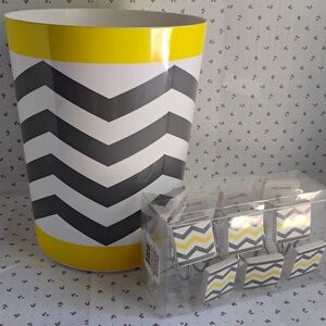 MAINSTAYs: Yellow / Grey Chevron Bathroom Trash Can & Shower Curtain  12pc Hooks